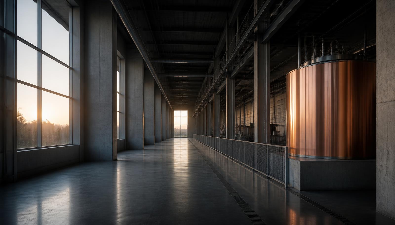 Quiet modern factory aisle at dawn
