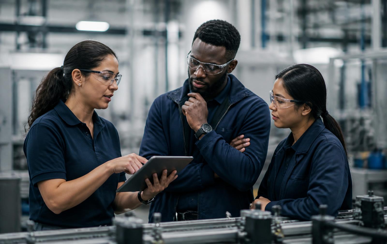 Plant manager and engineers conducting a process review on the factory floor